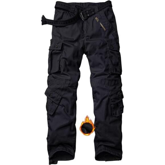 Men's Fleece Lined Tactical Ripstop Pants Cargo Pants with 8 Pockets No Belt